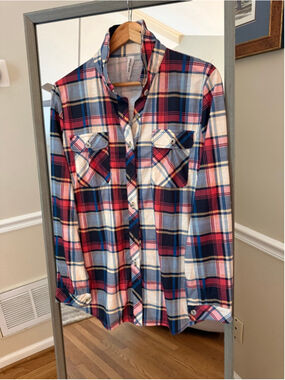 Women's Tickled Teal Plaid Button Down Shirt L Red Blue